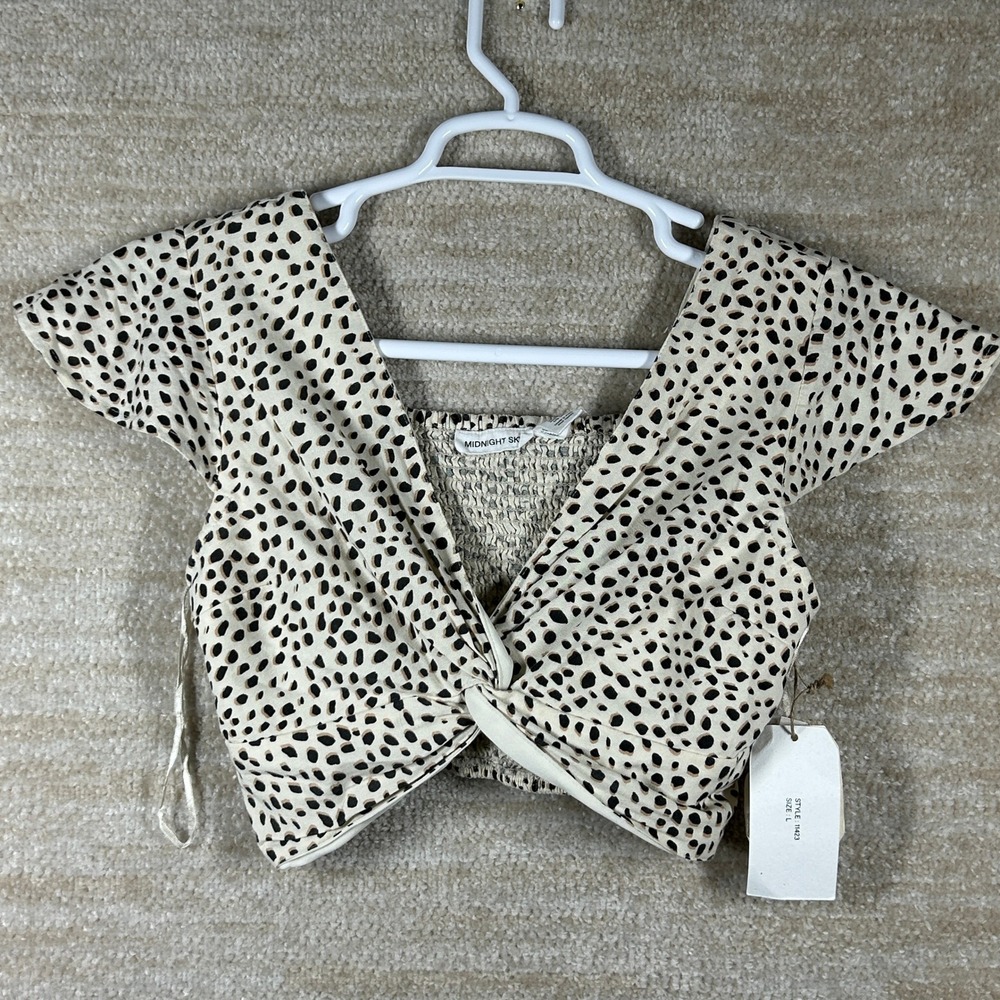 Midnight Sky Linen Blend Spotted Twist Front Smocked Crop Top Animal Print L New